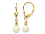 14K Yellow Gold White Freshwater Cultured Pearl (5-6mm) Dangle Leverback Earrings